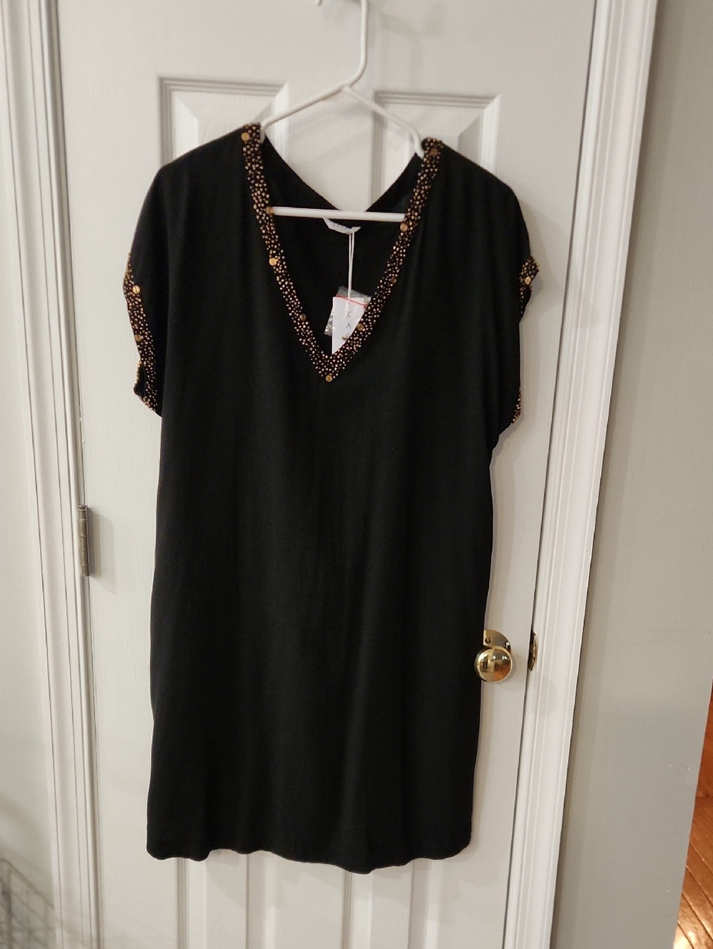 Black V-Neck Short Sleeve Dress with Gold Bead Trim Nwt Size L
